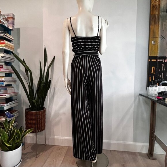 Black  White Crepe Wrap Front Wide Leg Jumpsuit - Picture 7 of 11